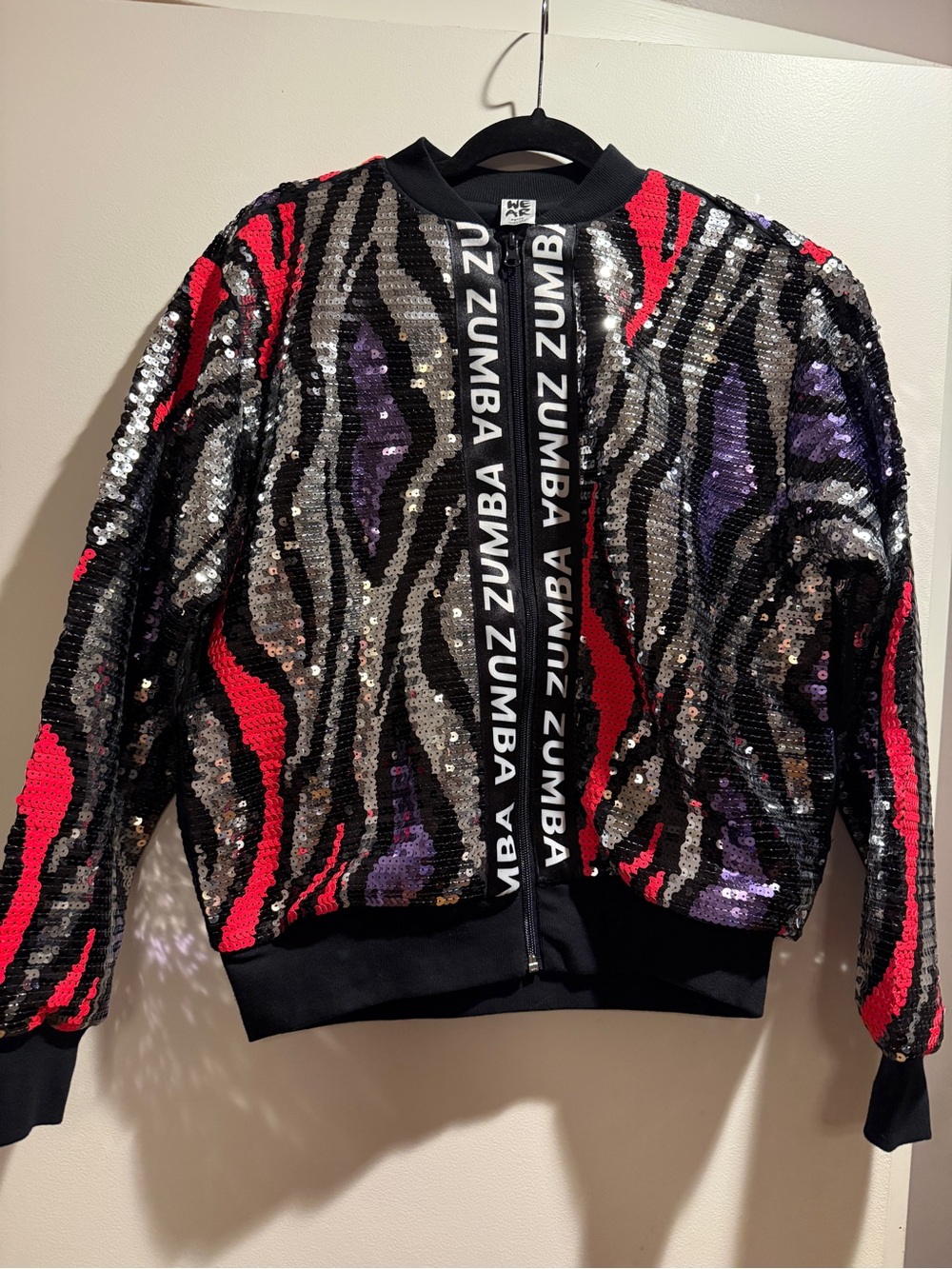 Zumba Fitness Sequin Bomber Jacket - Black, Red & Purple